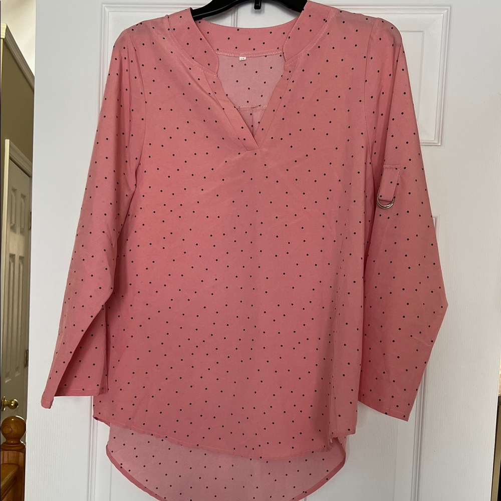 Polka Dot Notch Neck Blouse - Pink